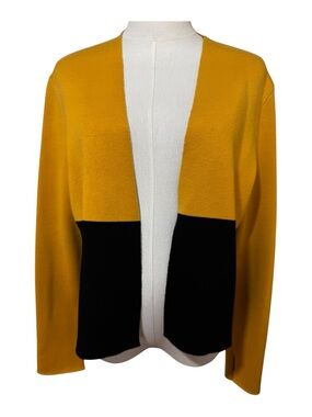 Worth New York Mustard Yellow Black Colorblock Open Front Wool Blend Cardigan M